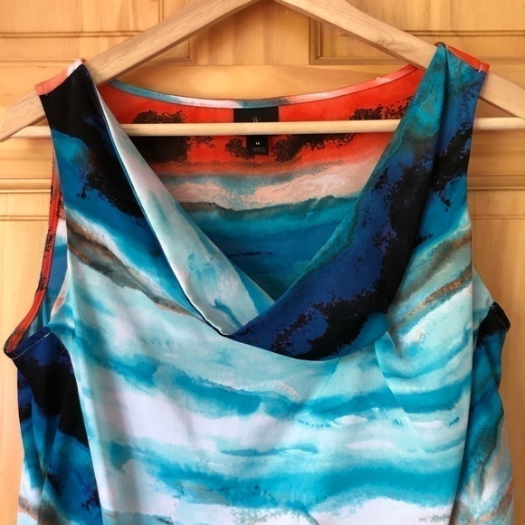 Worthington sleeveless bright watercolor asymmetrical drape neck blouse size M - Picture 4 of 12